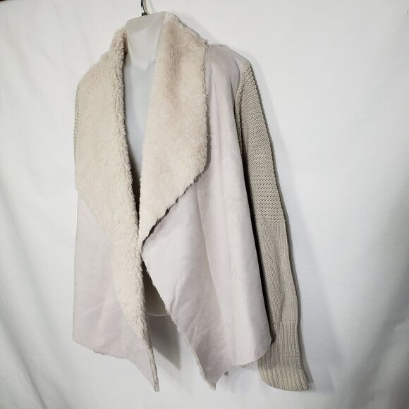 Chelsea & Theodore Cardigan Sweater Size XL Beige Faux-Fur Suede Open-Front Knit - Picture 5 of 9